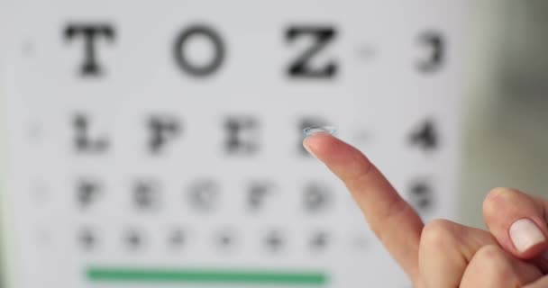 医生在进行眼部慢动作前 证明了隐形眼镜的正确位置 光学师对照Snellen图表显示了客户接触透镜的厚度 — 图库视频影像