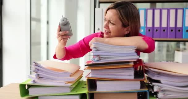 Tired Woman Angry Time Lack Lies Stack Paper Tasks Company — Stock Video