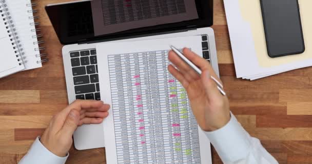 Бизнесмен Бухгалтер Представляет Бизнес График Финансовый Документ Ноутбуке Рабочем Месте — стоковое видео
