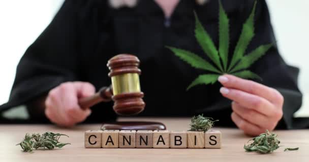 Judge Gavel Marijuana Leaves Word Hemp Legalization Drugs Medicine — Stock Video