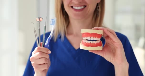 Modell För Proteser Och Dentala Instrument Händerna Tandläkare Tandvård — Stockvideo