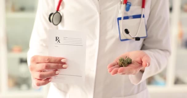 医生在诊所办公室展示医用大麻的处方 药剂师在药店里卖合法药物给痛楚病人 — 图库视频影像