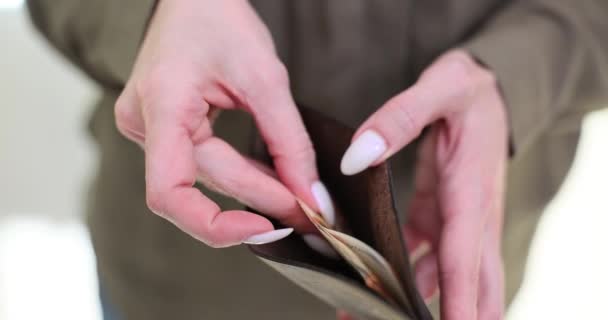 Hölgy Könnyű Háttérrel Számolja Eurobankjegyeket Bőrtárcában Vásárló Szűrések Készpénz Vásárlás — Stock videók