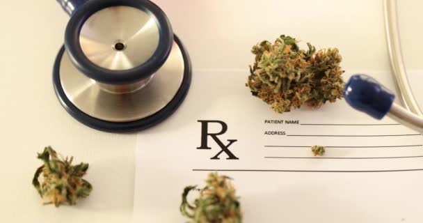Getrocknete Medizinische Cannabiszapfen Liegen Mit Medizinischem Stethoskop Auf Rezept Medizinische — Stockvideo