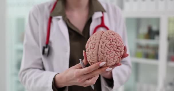 Médico Segurando Modelo Cérebro Humano Clínica Investigação Saúde Mental — Vídeo de Stock