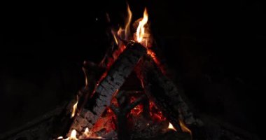 Siyah arka planda yanan odun ateşi. Gece ormanında yanan ateş