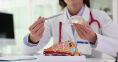 Doktor hastaya göğüs implantı seçeneklerini açıklıyor. Meme implantlarının farklı türleri, riskleri ve faydaları hakkında bilgi almak için mamolojiste danışın.