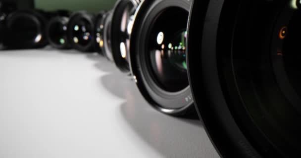 Set Different Photographic Lenses Row Photographic Equipment Lenses Stock Video
