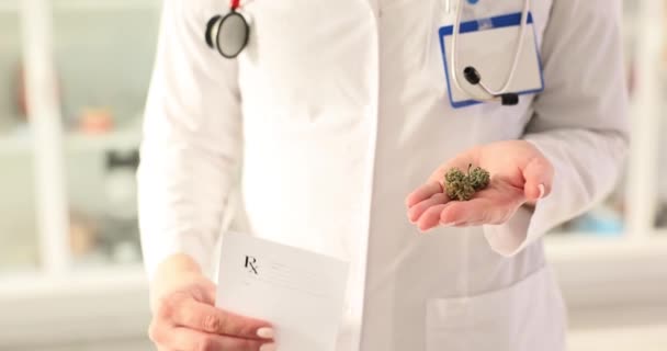 Médico Muestra Prescripción Cannabis Medicinal Clínica Ligera Farmacéutico Vende Medicamentos — Vídeos de Stock