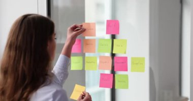 Cam tahtaya yapışkan notlar yapıştıran odaklanmış kadın çalışanlar. Şirket çalışanlarına önemli planlar ve ağır çekimde yaşanan olayları hatırlatmak için uygun bir yaşam hackleme yöntemi.