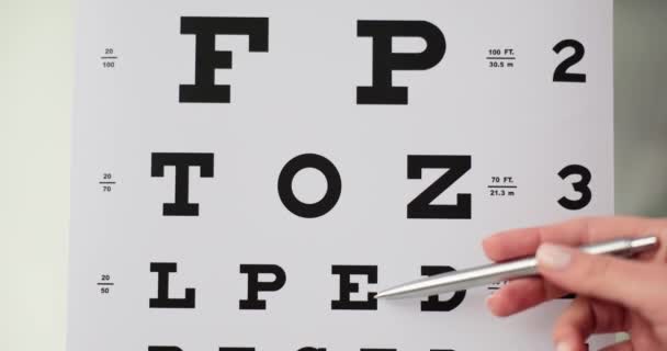 医師は 病院のオフィスでSnellen Eyeテストチャートを使用した患者の視力検査を行います 視力シャープネスを決定するためにテストチャートに手紙を表示します — ストック動画