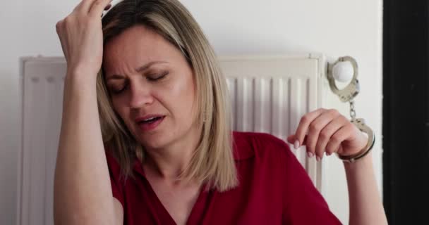Femeia Obosită Arată Vizibil Obosită Așezată Radiator Cald Mâna Ostaticului — Videoclip de stoc