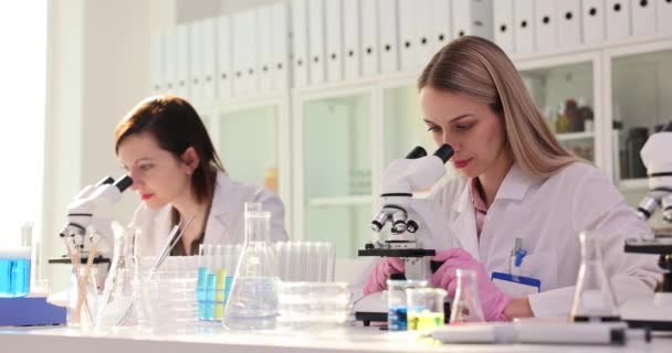 Científicas Femeninas Ven Una Reacción Anormal Través Microscopios Dan Cinco — Vídeos de Stock