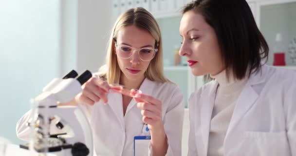Kadın Öğrenci Pratik Derste Laboratuarda Petri Kabını Akıl Hocasına Gösteriyor — Stok video