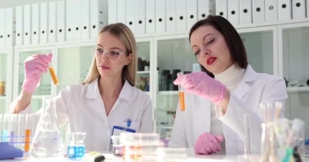 Young Women Scientists Discuss Properties Orange Liquid Test Tube Concentrated — Stock Video