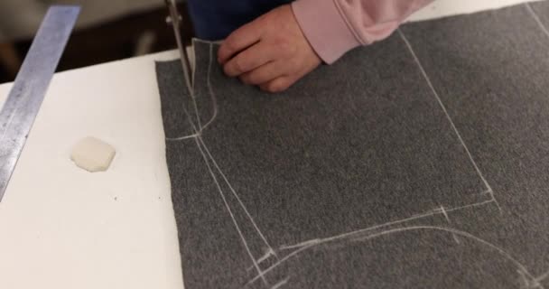 Профессиональная Швея Готовится Созданию Новой Одежды Опытный Портниха Режет Куски — стоковое видео