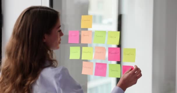 Empresaria Enfocada Coloca Notas Adhesivas Espejo Mujer Joven Crea Recordatorio — Vídeo de stock