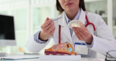 Kadın doktor göğüs implantı tutuyor ve işyerindeki cerrahi işlemleri açıklıyor. Cerrah, hafif çekimde göğüs anatomisini açıkladı