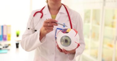 Oftalmolog yapay göz küresi modeline işaret ederek organ işleme prensiplerini açıklıyor. Doktor öğrencileri bilgilerini paylaşarak eğitir