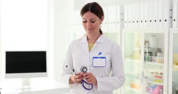 Female Worker Prepares Responsibilities Donning Stethoscope Woman Ready Listen Heartbeat — Stock Video