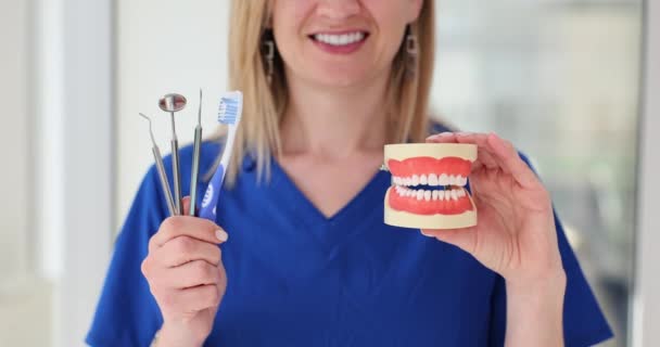 Vriendelijke Tandarts Houdt Kaak Model Tandheelkundige Hulpmiddelen Staan Kliniek Tandheelkundige — Stockvideo