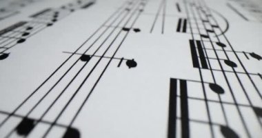 Nota sembollerinden yapılmış melodiyle süslenmiş nota kağıtları. Ahenkli kompozisyon, el değmemiş beyaz kağıtta sunulmak üzere hazır.