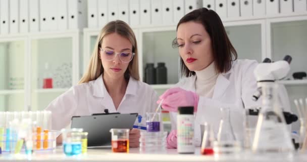 Две Женщины Учёные Лаборатории Работают Над Новой Формулой Тестовой Полосой — стоковое видео