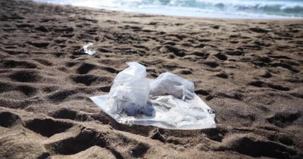 Пластиковий Мішок Сміття Або Сміття Піщаному Пляжі Морем Задньому Плані — стокове відео
