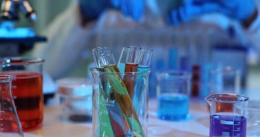 Test tüplerinde sıvı bulunan bir kimya laboratuvarında matara ve cam eşyalar. Biyolojik bilimler araştırma laboratuvarında mikroskobu inceleyen bir bilim adamı.