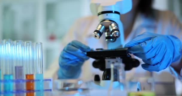 Cientista Médico Coloca Lâminas Lugar Examina Amostras Sob Microscópio Biólogo — Vídeo de Stock