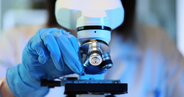 현미경 현미경 과학자는 현미경의 초점을 조정하고 슬라이드를 이동하고 세포의 부분을 — 비디오