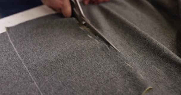 Hand Holds Large Scissors Makes Cut Gray Fabric Tailor Designer — Stock Video