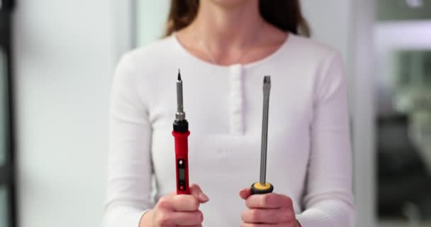 Soldering Iron Screwdrivers Female Hands Tools Repair — Stock Video