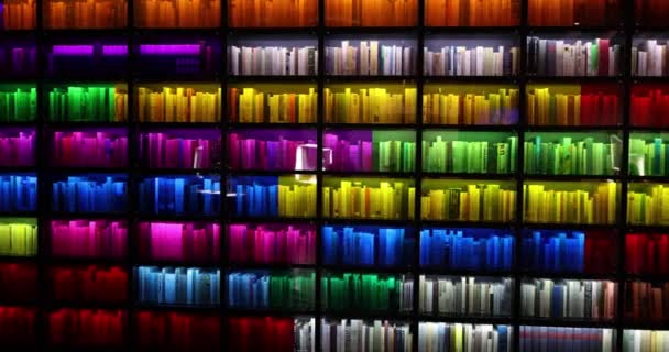 Livros Uma Prateleira São Iluminados Com Luzes Coloridas Uma Biblioteca — Vídeo de Stock