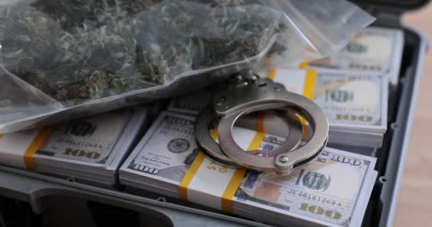 Bizonyíték Drogkereskedelemre Megbilincselt Kannabiszra Készpénzre Marihuána Árbevétele Bevétele — Stock videók