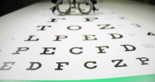Göz Testi Çerçevesi Göz Doktorlarının Masasında Gözlük Görüş Testi Lens — Stok video