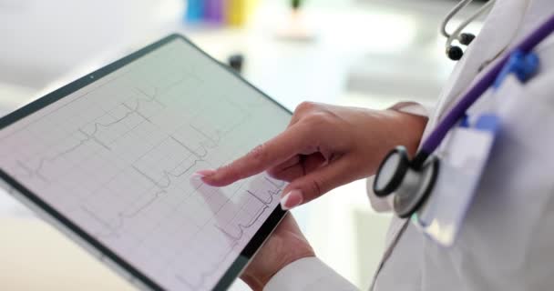 Kardiológus Vizsgálja Kardiogramot Tabletta Képernyőjén Szívbetegségek Kezelése Szívroham Diagnózisa — Stock videók