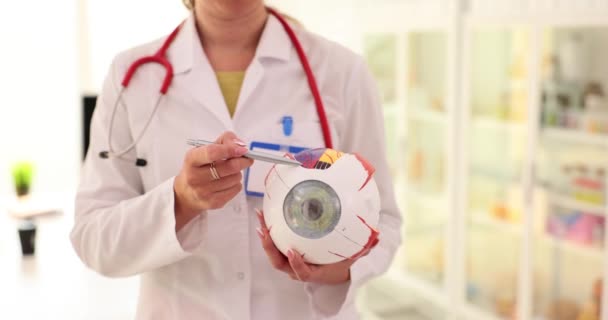 Oftalmolog Yapay Insan Gözü Modelinde Hastalık Olduğunu Gösteriyor Göz Hastalığının — Stok video