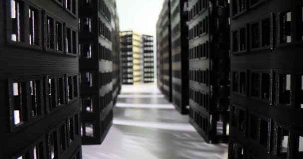 Projekt Futuristisk Stad Med Skyskrapor Svarta Metalllådor Utformning Ett Kvarter — Stockvideo