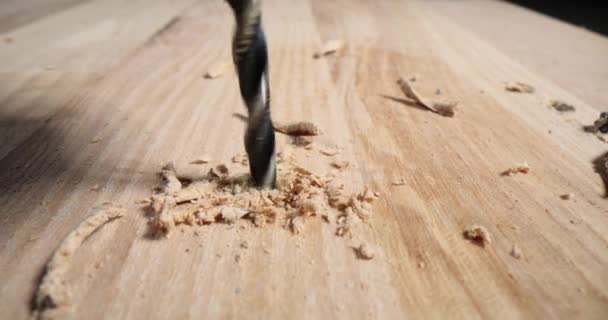 工匠在木板上钻一个洞 用钻头钻 产生灰尘和木屑 钻头和钻头的闭合 — 图库视频影像