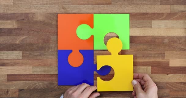 Colored Puzzle Pieces Representing Business Concept Teamwork Problem Solving Businessman — Stock Video