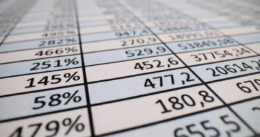 Sayılar ve yüzdelerle dolu bir masa. muhasebe raporu ve iş istatistikleri