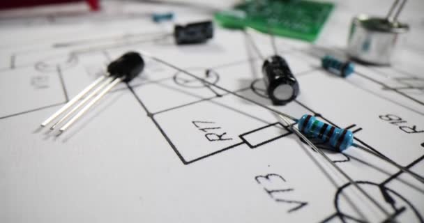 Resistências Capacitores Componentes Eletrônicos Diagrama Circuito Componentes Incluem Capacitores Transistores — Vídeo de Stock