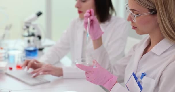 Dos Científicos Trabajando Laboratorio Goteando Líquido Azul Colaboración Laboratorio — Vídeo de stock