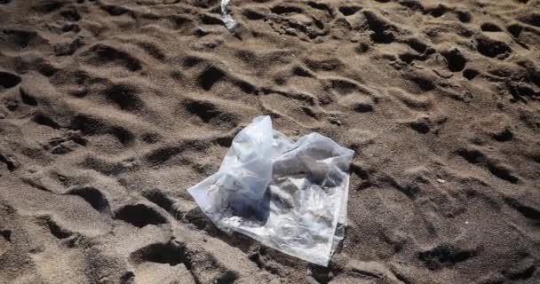 Saco Plástico Uma Praia Areia Durante Dia Poluição Ecologia — Vídeo de Stock