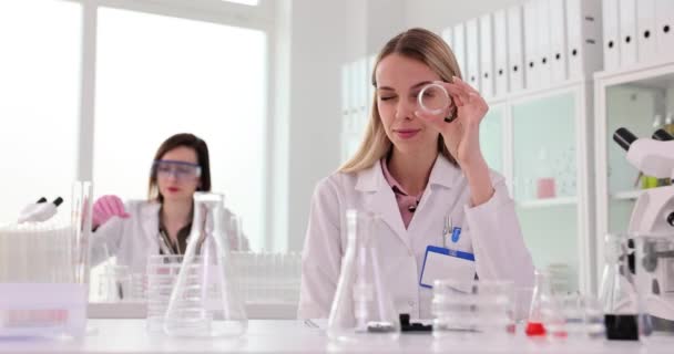 在现代世界的科学研究中 科学家通过试管进行观察 现代医疗化学实验室 — 图库视频影像
