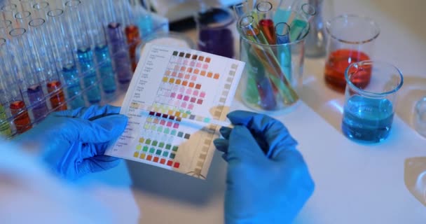 Forskare Som Håller Testremsa Och Tittar Resultat Laboratorium Närbild Urinens — Stockvideo