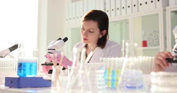 Les Femmes Scientifiques Travaillent Avec Des Microscopes Laboratoire Étudiant Recherche Vidéo De Stock Libre De Droits