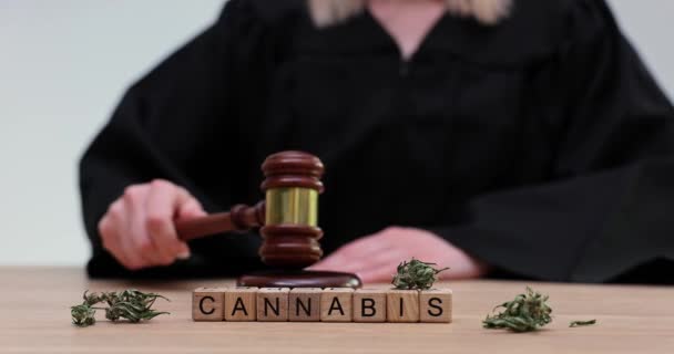 Bírónő Száraz Droglevelekkel Kalapáccsal Kenderre Kannabiszra Vonatkozó Jogszabályok Jogállása — Stock videók