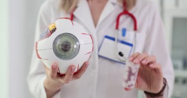 Anatomik göz modeli ve doktorun elinde haplar. Görüşü iyileştirmek için ilaçlar